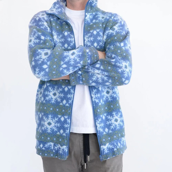 Vintage Haband! Blue & Green Snowflake Fleece Collared Sweater - Picture 3 of 12
